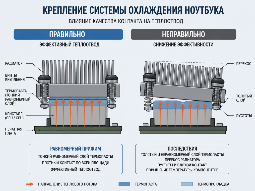 Правильный и неправильный прижим радиатора ноутбука