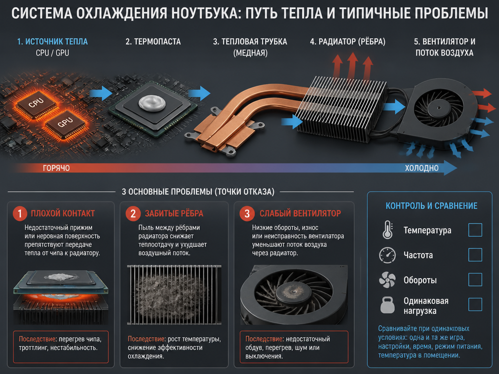 Путь тепла в системе охлаждения ноутбука