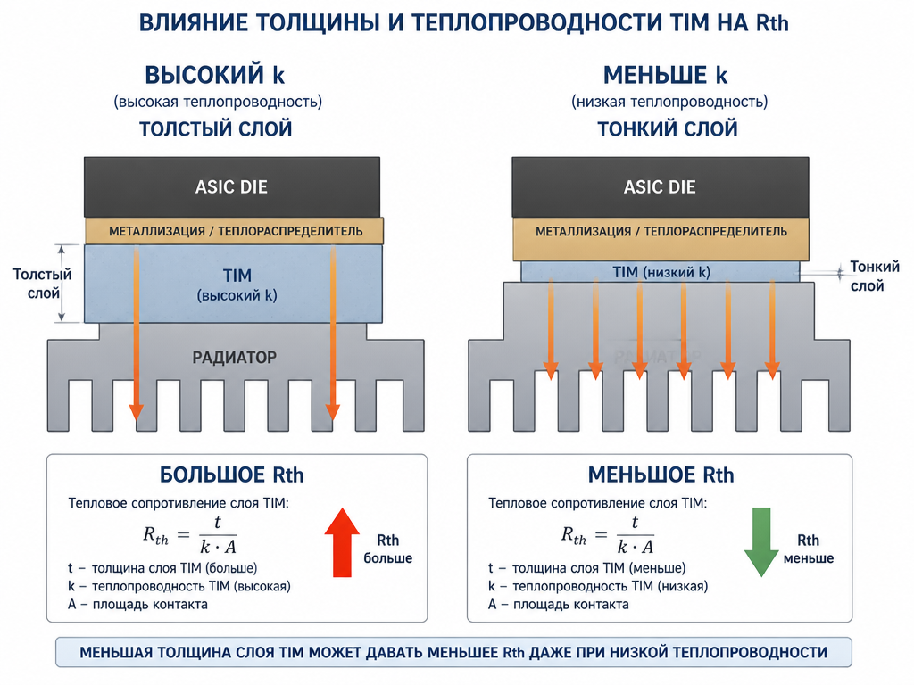 Слой термопасты разной толщины между ASIC и радиатором