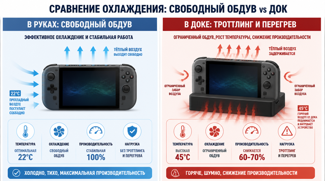 Сравнение теплового профиля консоли в руках и в доке