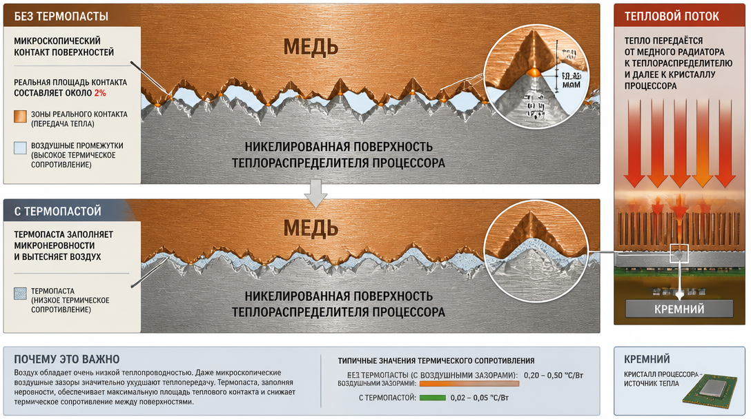 Схема микроскопического контакта металлов и вытеснения воздуха термопастой